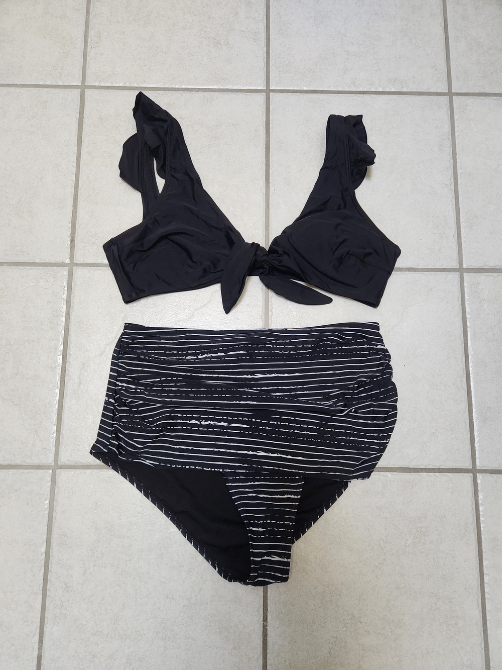 COCOSHIP Black & White Tie-Front Bikini with Striped High-Waist Bottom
